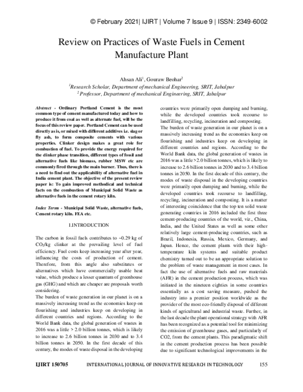 (PDF) Review on Practices of Waste Fuels in Cement Manufacture Plant