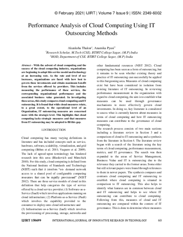 (PDF) Performance Analysis of Cloud Computing Using IT Outsourcing Methods