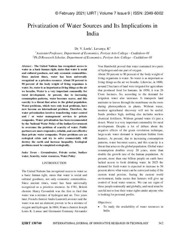(PDF) Privatization of Water Sources and Its Implications in India
