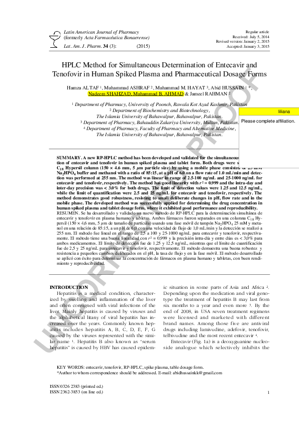 (PDF) HPLC Method for Simultaneous Determination of Entecavir and ...