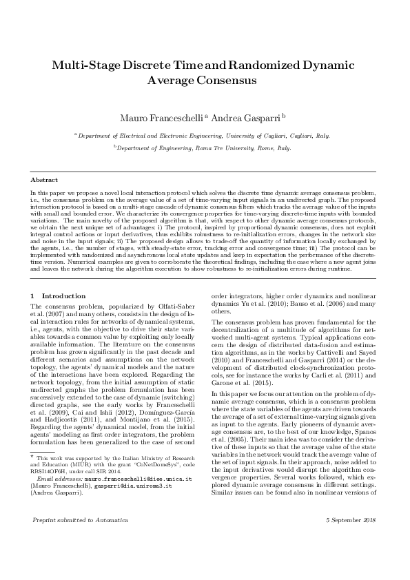 (PDF) Multi-stage discrete time and randomized dynamic average consensus