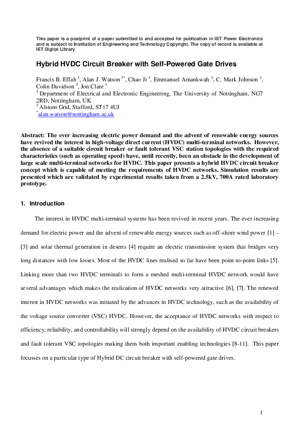 (PDF) Hybrid HVDC circuit breaker with self-powered gate drives