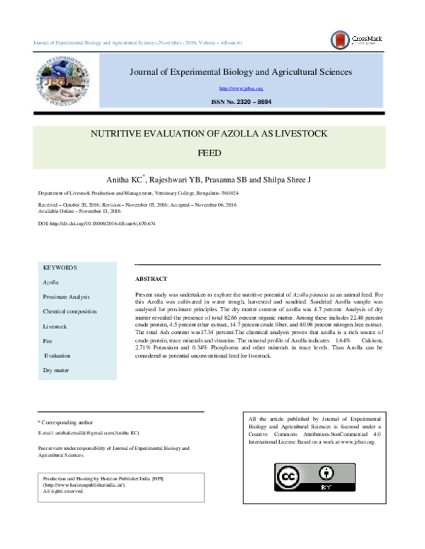 (PDF) Nutritive evaluation of azolla as livestock feed Shilpa Shree