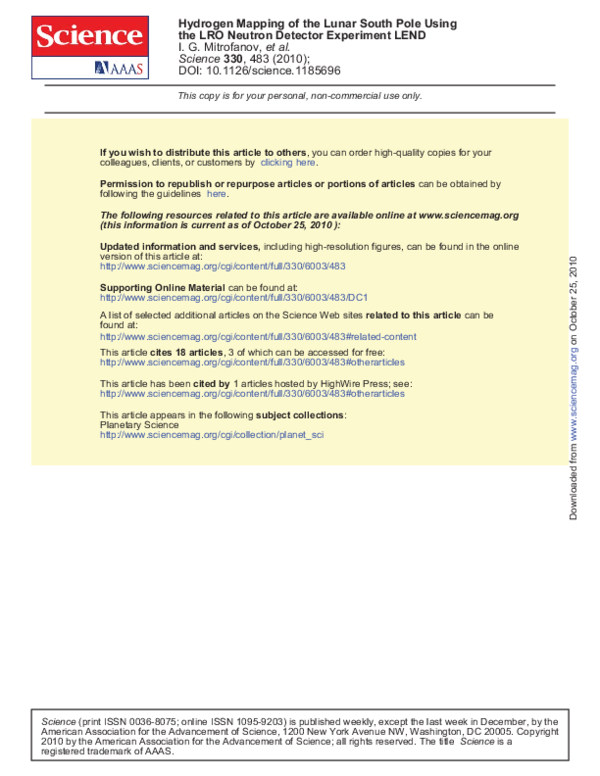 (PDF) Hydrogen Mapping of the Lunar South Pole Using the LRO Neutron ...