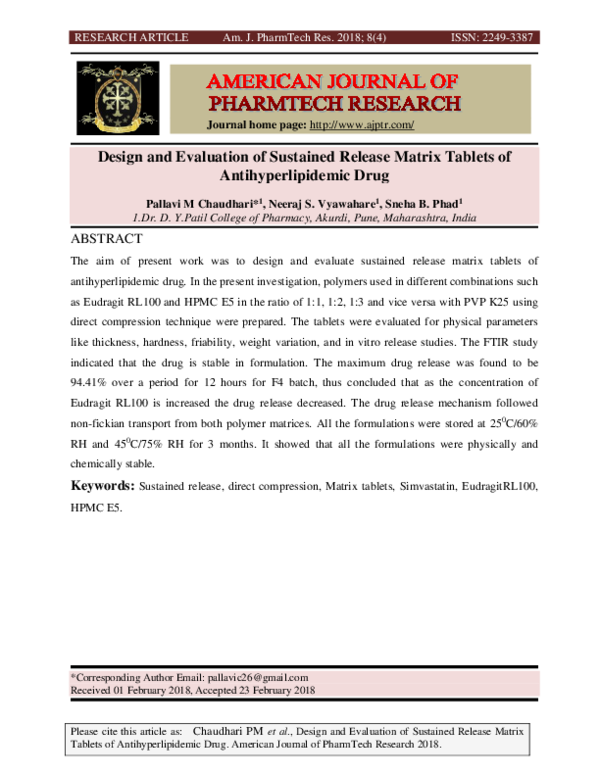 (PDF) Design and Evaluation of Sustained Release Matrix Tablets of ...