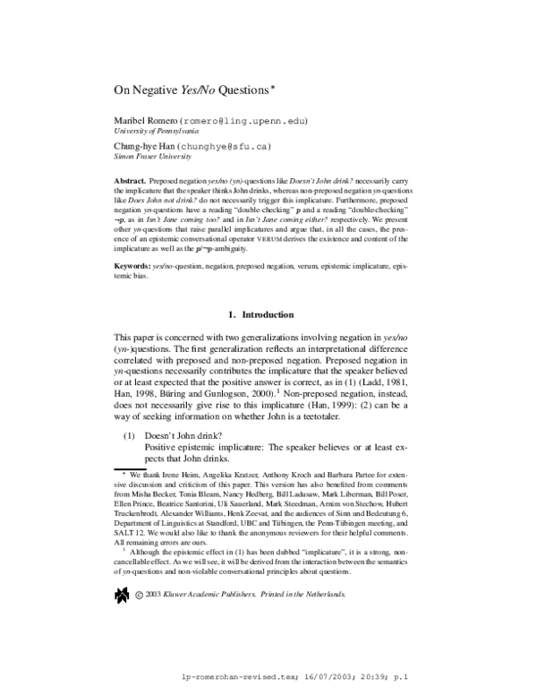 (PDF) On negative yes/no questions