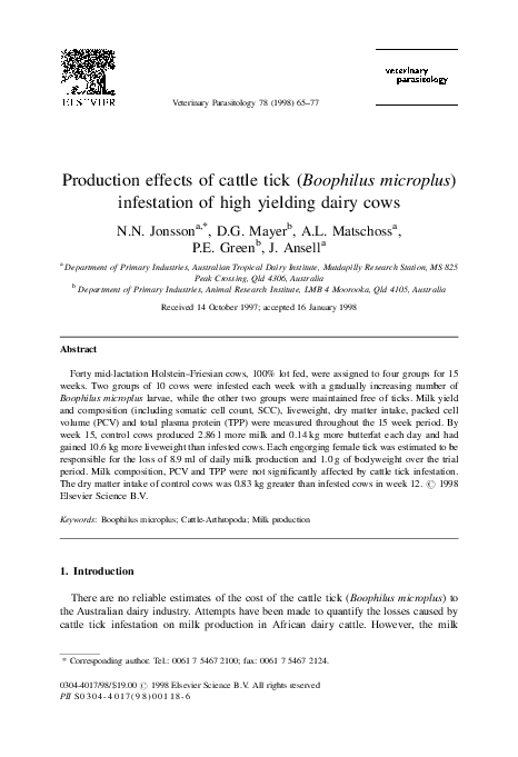 (PDF) Production effects of cattle tick (Boophilus microplus ...