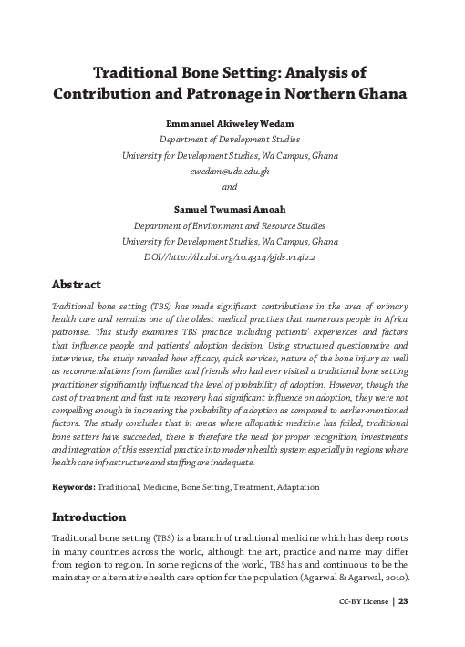 (PDF) Traditional Bone Setting: Analysis of Contribution and Patronage ...