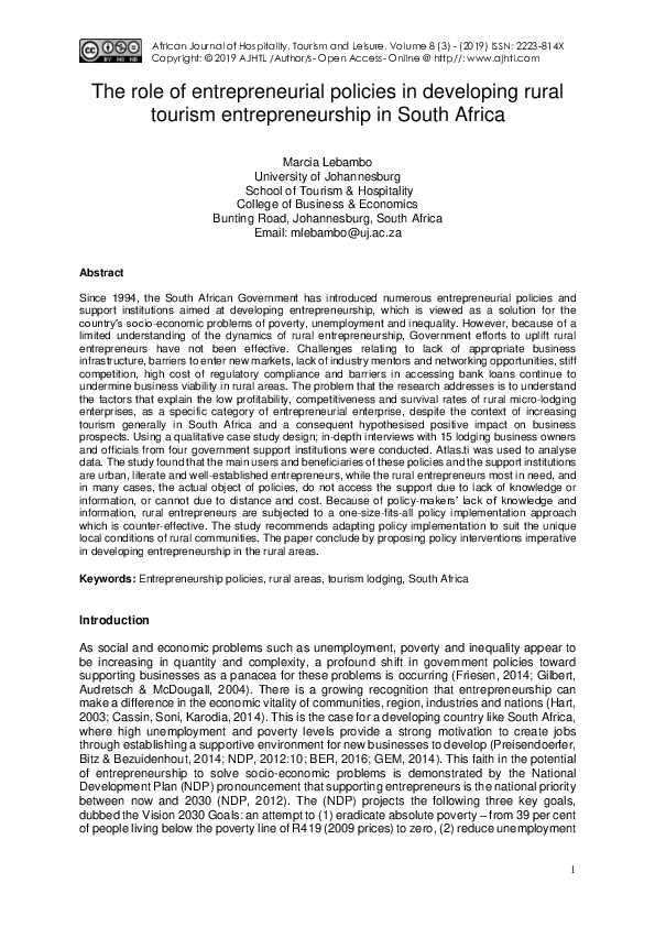 (PDF) The role of entrepreneurial policies in developing rural tourism ...