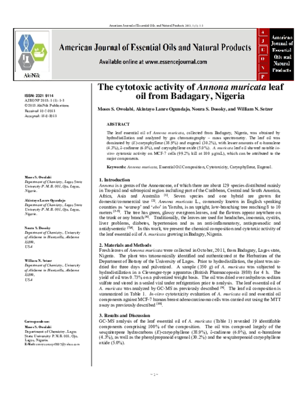 (PDF) The Cytotoxic Activity of Annona muricata Leaf Oil from Badagary ...