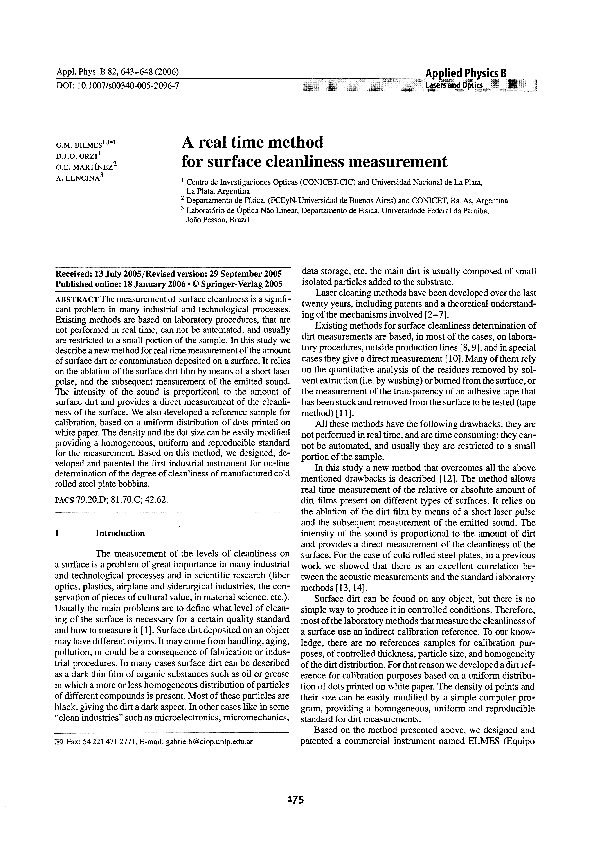 (PDF) A real time method for surface cleanliness measurement Gabriel