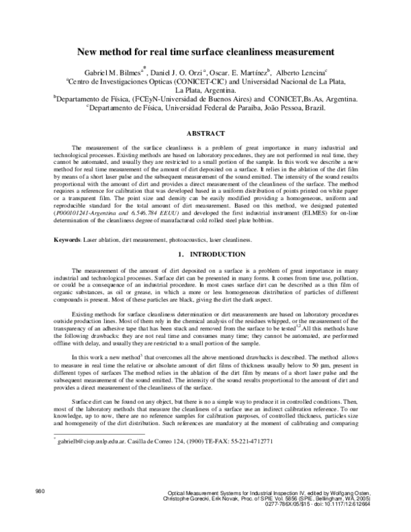 (PDF) New method for realtime surface cleanliness measurement