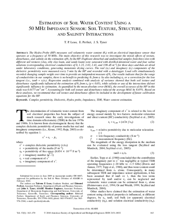 (PDF) Estimation of Soil Water Content Using a 50 MHz Impedance Sensor ...