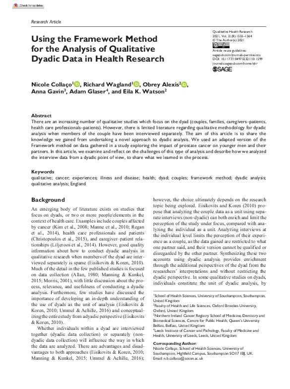 Using The Framework Method For The Analysis Of Qualitative Dyadic Data In Health Research