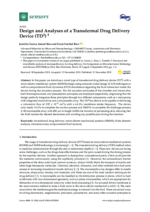 (PDF) Design and Analyses of a Transdermal Drug Delivery Device (TD3)