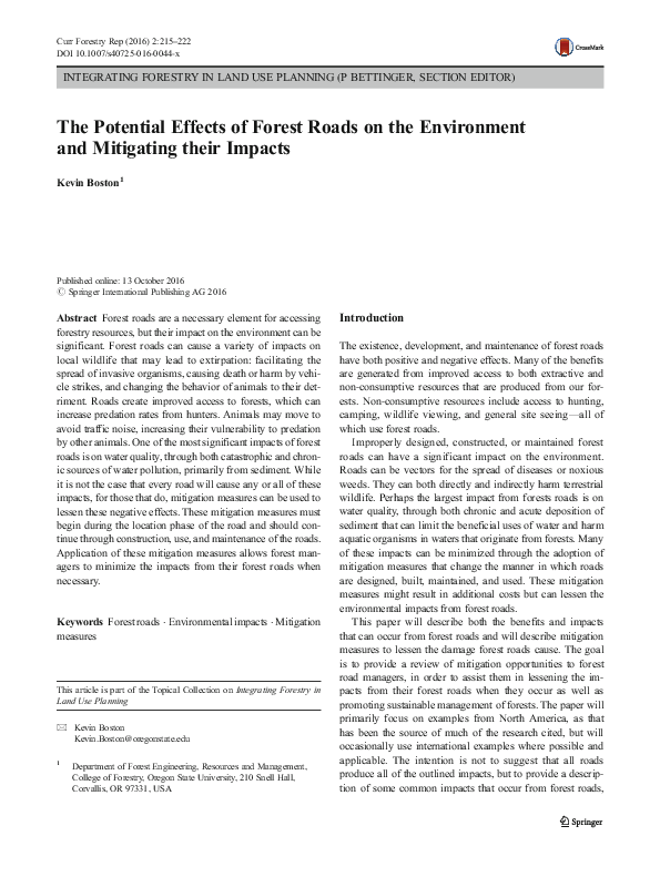 (PDF) The Potential Effects of Forest Roads on the Environment and ...