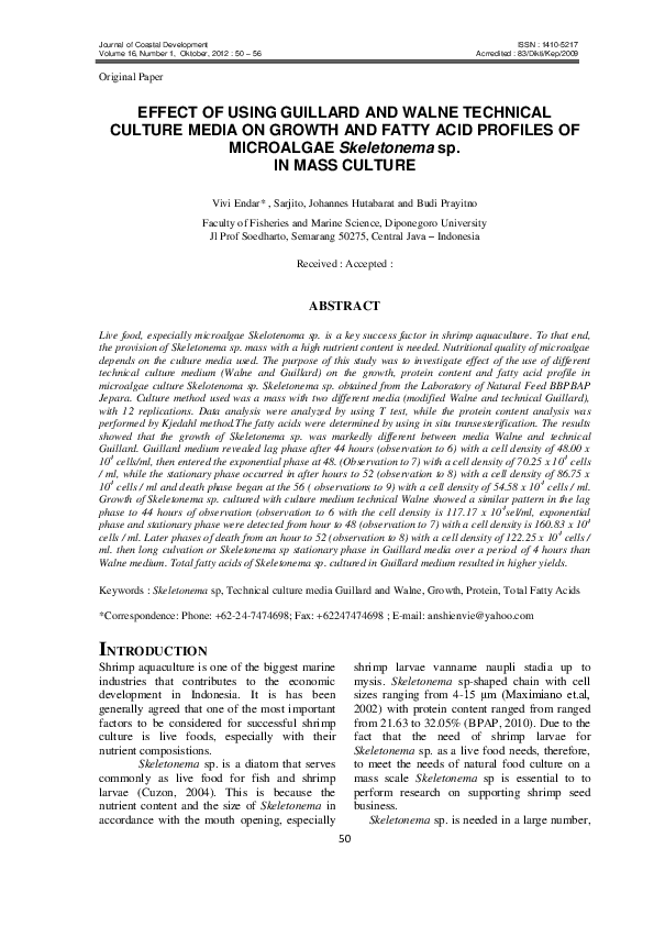 (PDF) EFFECT OF USING GUILLARD AND WALNE TECHNICAL CULTURE MEDIA ON ...