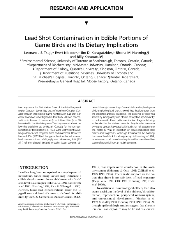 (PDF) Lead shot contamination in edible portions of game birds and its