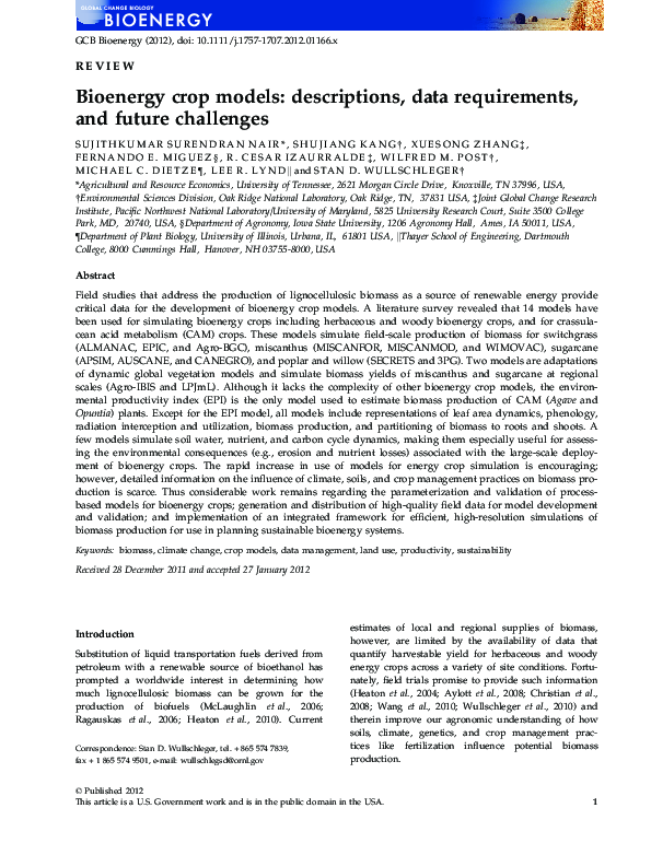 (PDF) Bioenergy crop models: descriptions, data requirements, and ...
