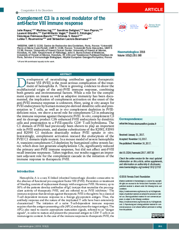 (PDF) Complement C3 is a novel modulator of the anti-factor VIII immune ...