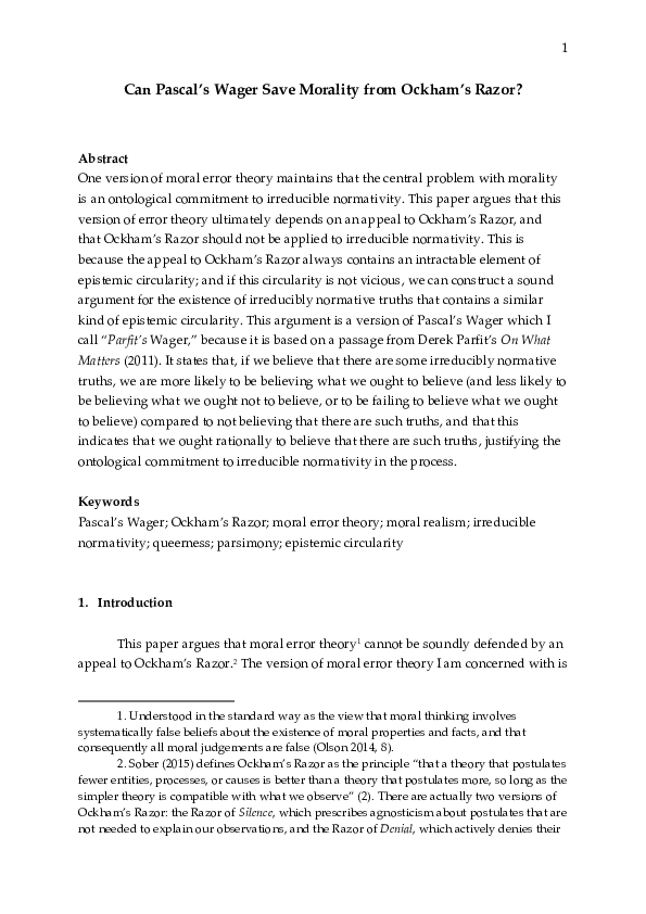 (PDF) Can Pascal’s Wager Save Morality from Ockham’s Razor?