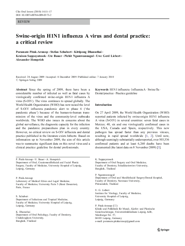 (PDF) Swine-origin H1N1 influenza A virus and dental practice: a ...