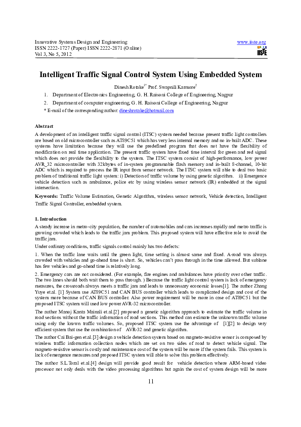 (PDF) Intelligent Traffic Signal Control System Using Embedded System