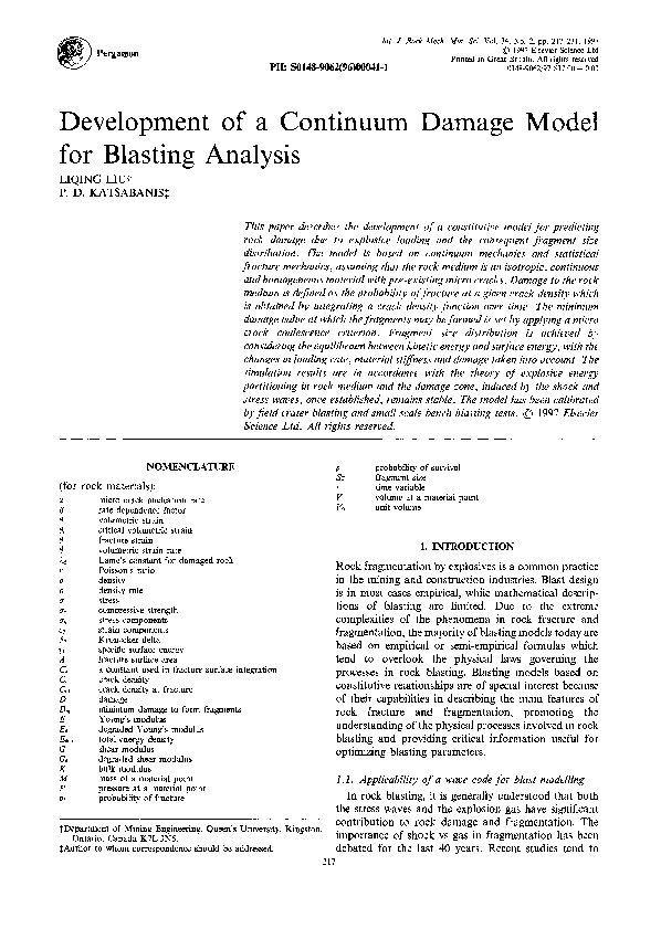 (PDF) Development of a continuum damage model for blasting analysis