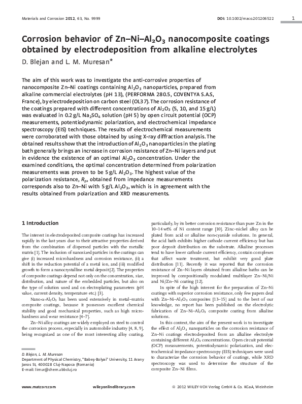 (PDF) Corrosion behavior of Zn Ni Al 2 O 3 nanocomposite coatings ...