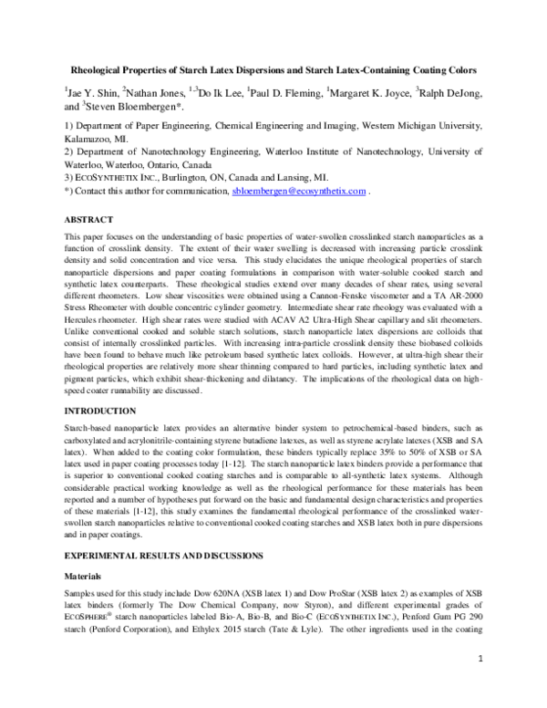 (PDF) Rheological Properties of Starch Latex Dispersions and Starch ...