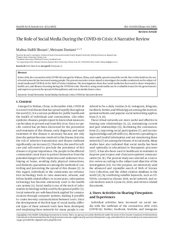 (PDF) The Role of Social Media During the COVID-19 Crisis: A Narrative ...