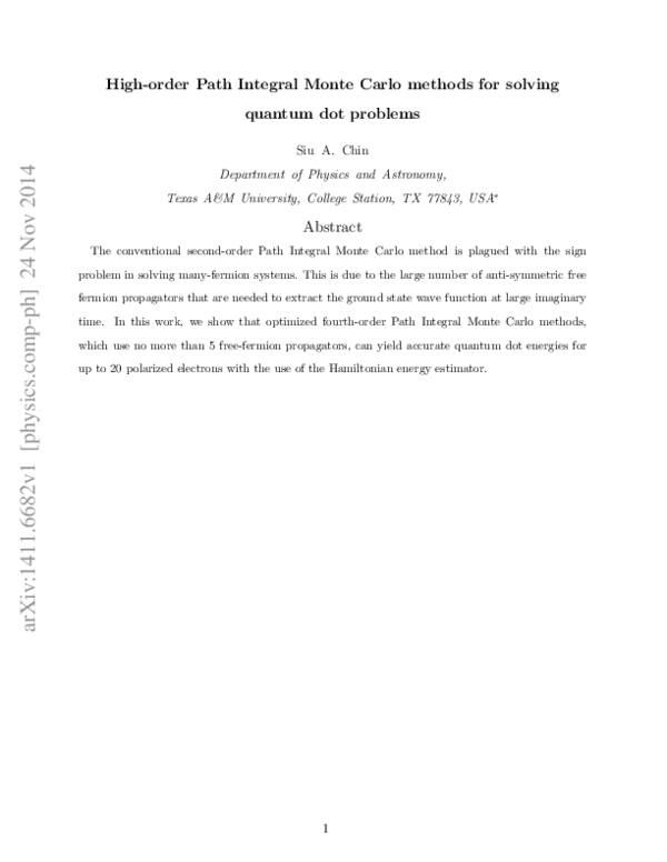 (PDF) High-order Path Integral Monte Carlo methods for solving quantum ...