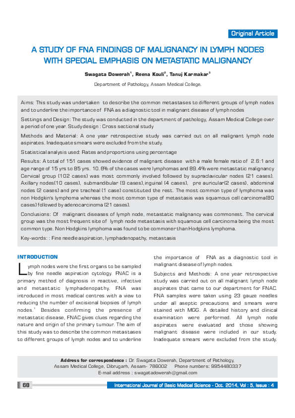 (PDF) A Study of Fna Findings of Malignancy in Lymph Nodes with Special ...