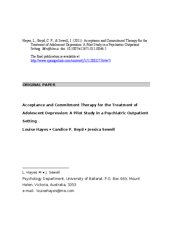 (DOC) Acceptance and Commitment Therapy for the treatment of adolescent ...