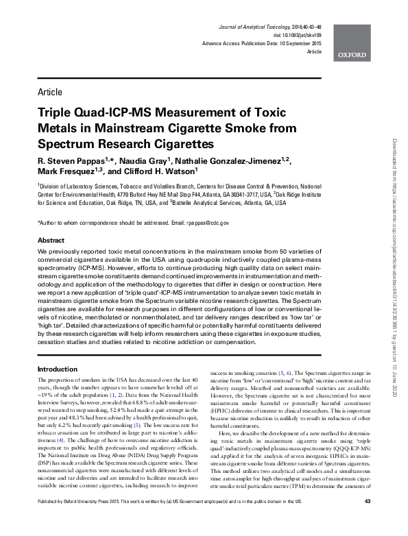 (PDF) Triple Quad-ICP-MS Measurement of Toxic Metals in Mainstream ...