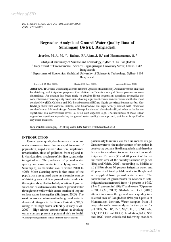 (PDF) Regression Analysis of Ground Water Quality Data of Sunamganj ...