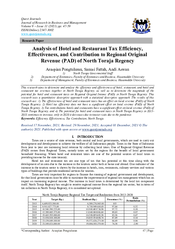 (PDF) Analysis of Hotel and Restaurant Tax Efficiency, Effectiveness ...