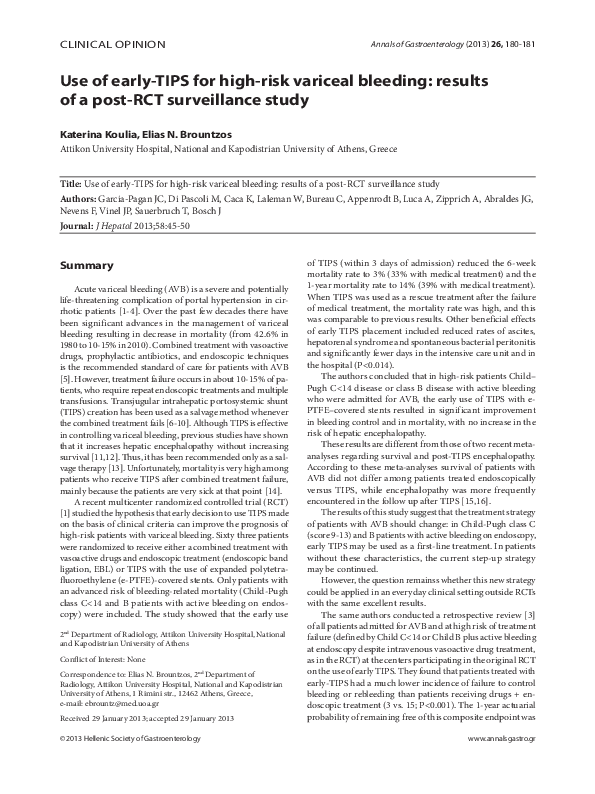 (PDF) Use of early-TIPS for high-risk variceal bleeding: Results of a ...