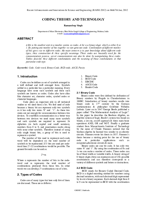  DOC Coding Theory And Technology Ramandeep Singh Academia edu