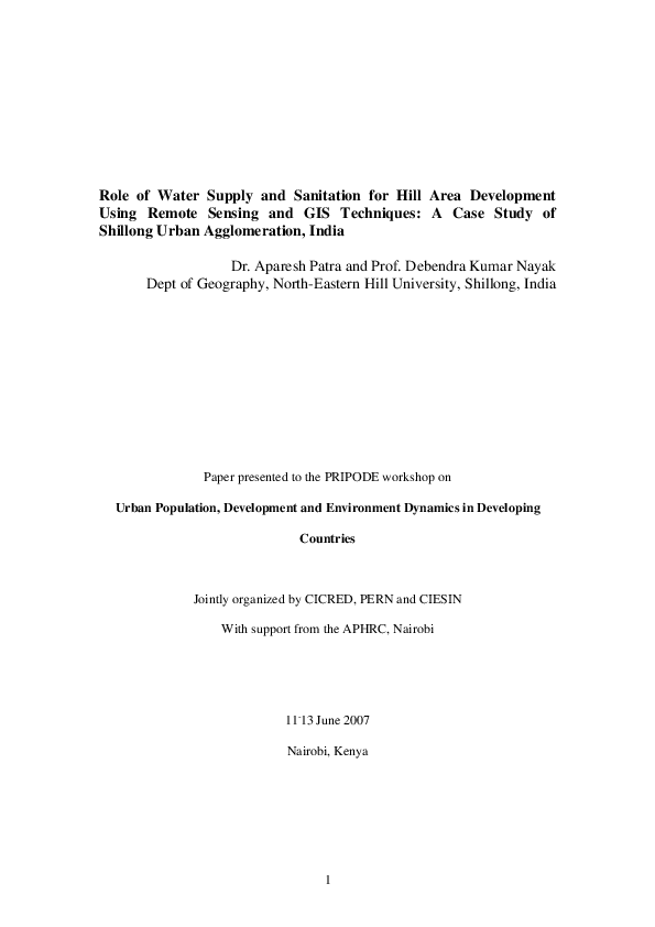 (PDF) Role of Water Supply and Sanitation for Hill Area Development ...