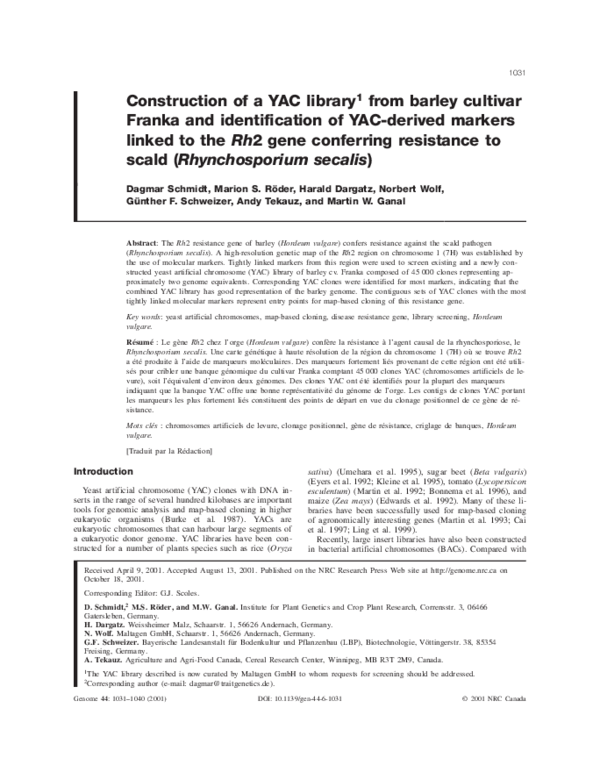 (PDF) Construction of a YAC library from barley cultivar Franka and ...