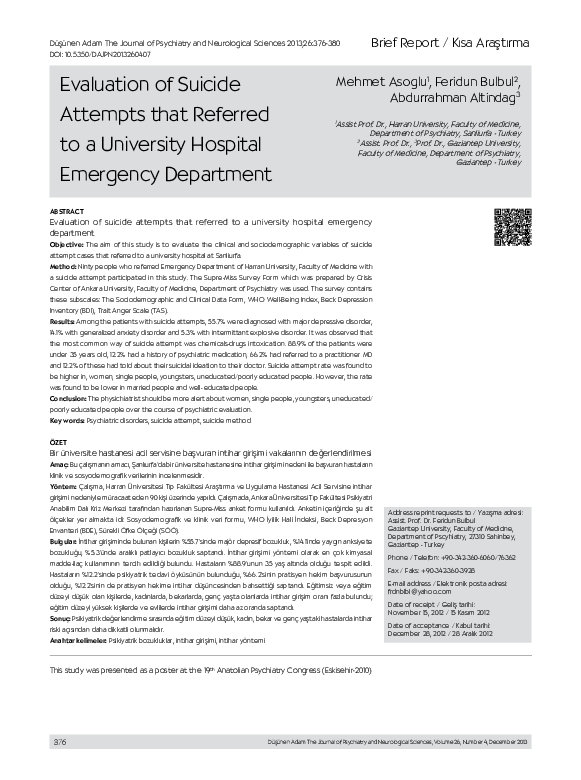 (PDF) Evaluation of suicide attempts that referred to a university ...