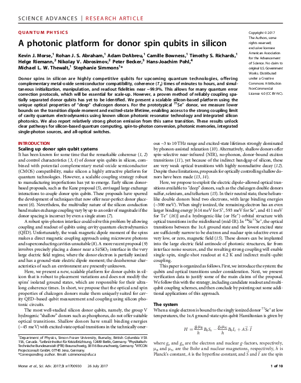 (PDF) A photonic platform for donor spin qubits in silicon