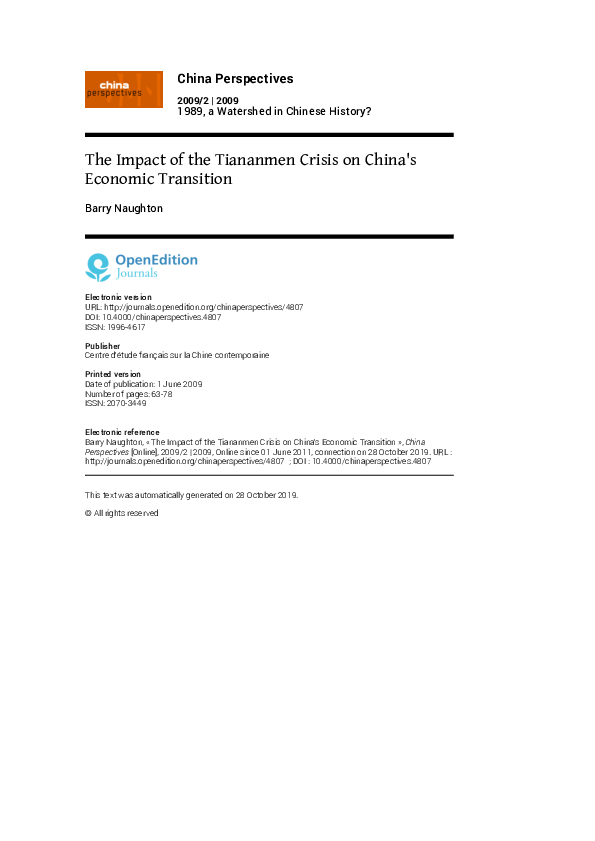 (PDF) The Impact of the Tiananmen Crisis on China's Economic Transition