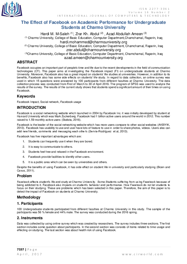 (PDF) The Effect of Facebook on Academic Performance for Undergraduate ...