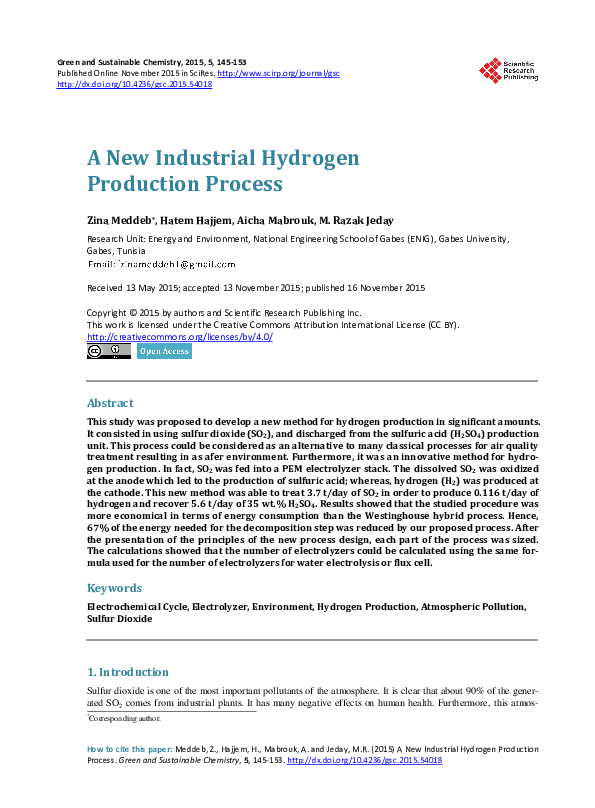 (PDF) A New Industrial Hydrogen Production Process