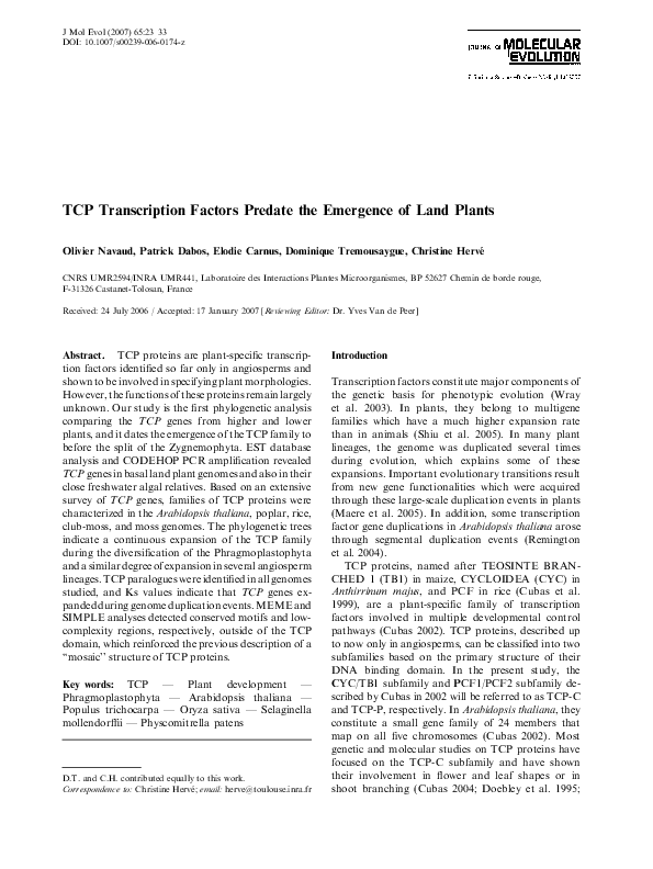 (PDF) TCP transcription factors predate the emergence of land plants