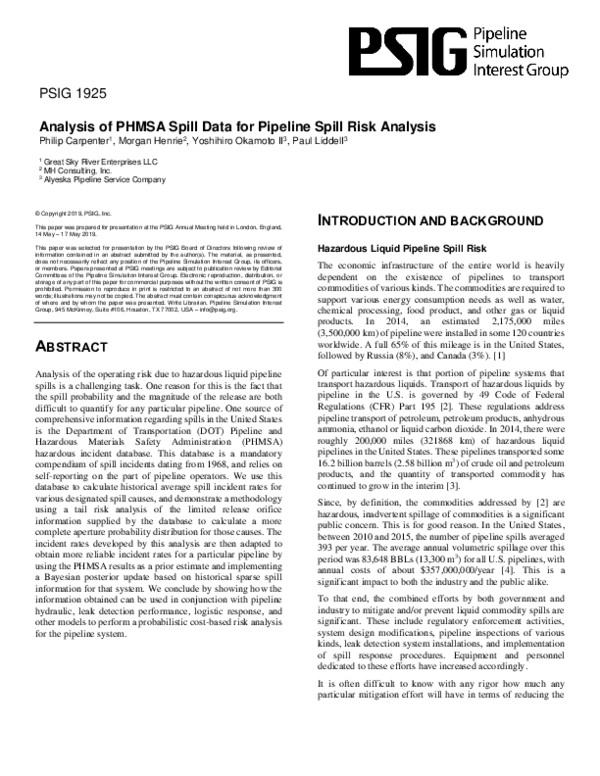 (PDF) Analysis of PHMSA Spill Data for Pipeline Spill Risk Analysis