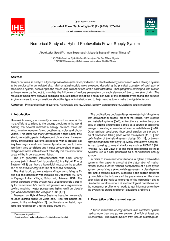 (PDF) Numerical Study of a Hybrid Photovoltaic Power Supply System