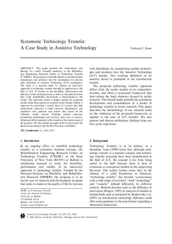 (PDF) Systematic Technology Transfer: A Case Study in Assistive Technology
